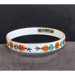 Vtg Austria Hand Painted Metal Enamel Floral Bangle Bracelet White Orange Yellow